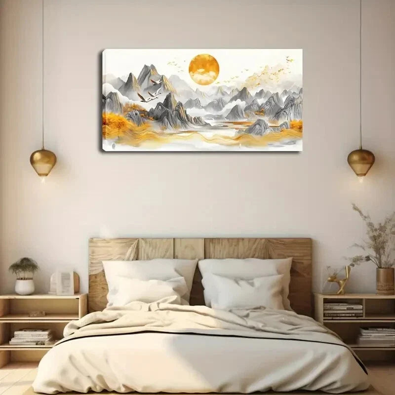 Golden Geese Sun Landscape Wall Art Canvas Office Home Room Framed 120x60cm