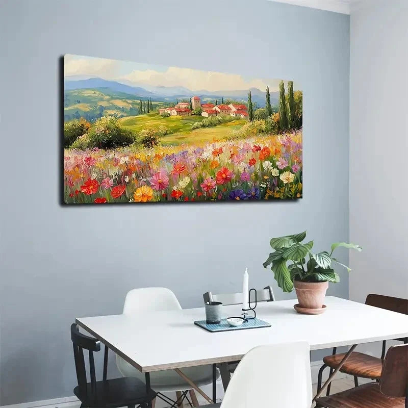 Blooming Flowers & Village Wall Art Canvas Office Home Room Framed 120x60cm