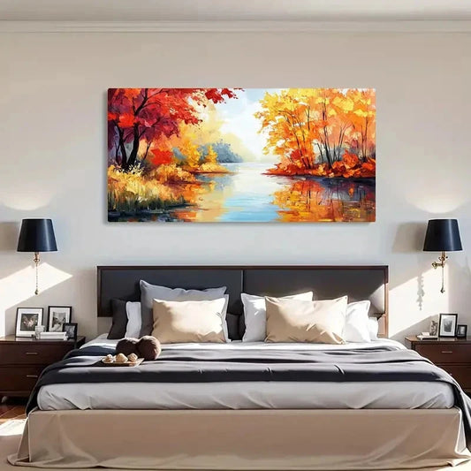 Serene Water Reflection Autumn Wall Art Canvas Office Home Room Framed 120x60cm