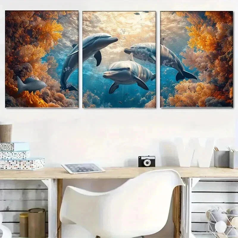 3pcs Coral Reef Symphony with Dolphins Wall Art Set Canvas Framed 40x60cm - High Quality Print 100% Australian Made Wall Canvas Ready to Hang