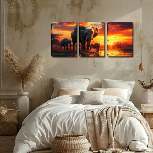 3pcs Walking Elephant At Sunset Wall Art Set Canvas Framed 40x60cm - High Quality Print 100% Australian Made Wall Canvas Ready to Hang