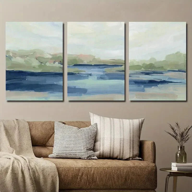 3pcs Vibrant Blue & Green Water Scene Wall Art Set Canvas Framed 40x60cm - High Quality Print 100% Australian Made Wall Canvas Ready to Hang