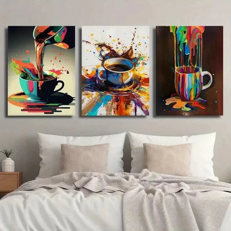 3pcs Mug & Spilled Drink Illustrations Wall Art Set Canvas Framed 40x60cm - High Quality Print 100% Australian Made Wall Canvas Ready to Hang