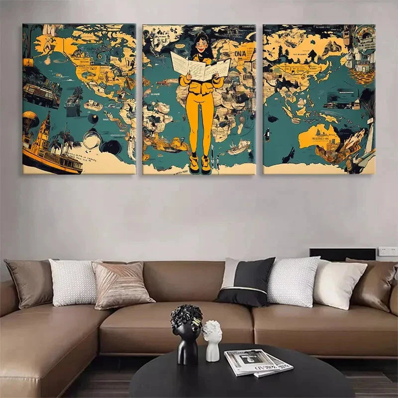 3pcs Vintage Travel Adventure Women Perfect Wall Art Set Canvas Framed 40x60cm - High Quality Print 100% Australian Made Wall Canvas Ready to Hang