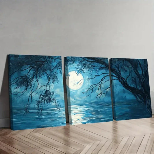 3pcs Blue Landscape with Full Moon & Trees  Wall Art Set Canvas Framed 40x60cm - High Quality Print 100% Australian Made Wall Canvas Ready to Hang