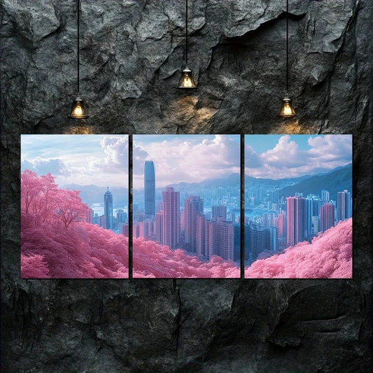 3pcs Painting Pink City White Clouds Metal Print Ready to Hang Art