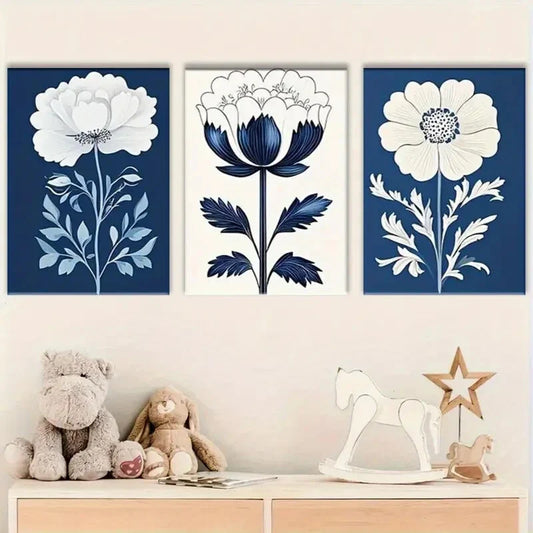 3pcs Blue & White Floral Modern Leaves Metal Print Ready to Hang Art