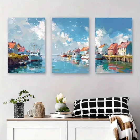 3pcs Colorful Coastal Village, Scenic Harbor Metal Print Ready to Hang Art