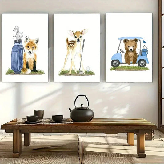 3pcs Whimsical Animal Golf Decor Prints Metal Print Ready to Hang Art