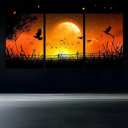 3pcs Moonlit Night Sky with Birds Silhouette Metal Print Ready to Hang Art