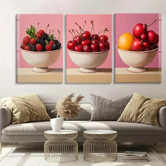3pcs Citrus Elegant Bowls Vibrant Pink Perfect Wall Art Set Canvas Framed 40x60cm - High Quality Print 100% Australian Made Wall Canvas Ready to Hang