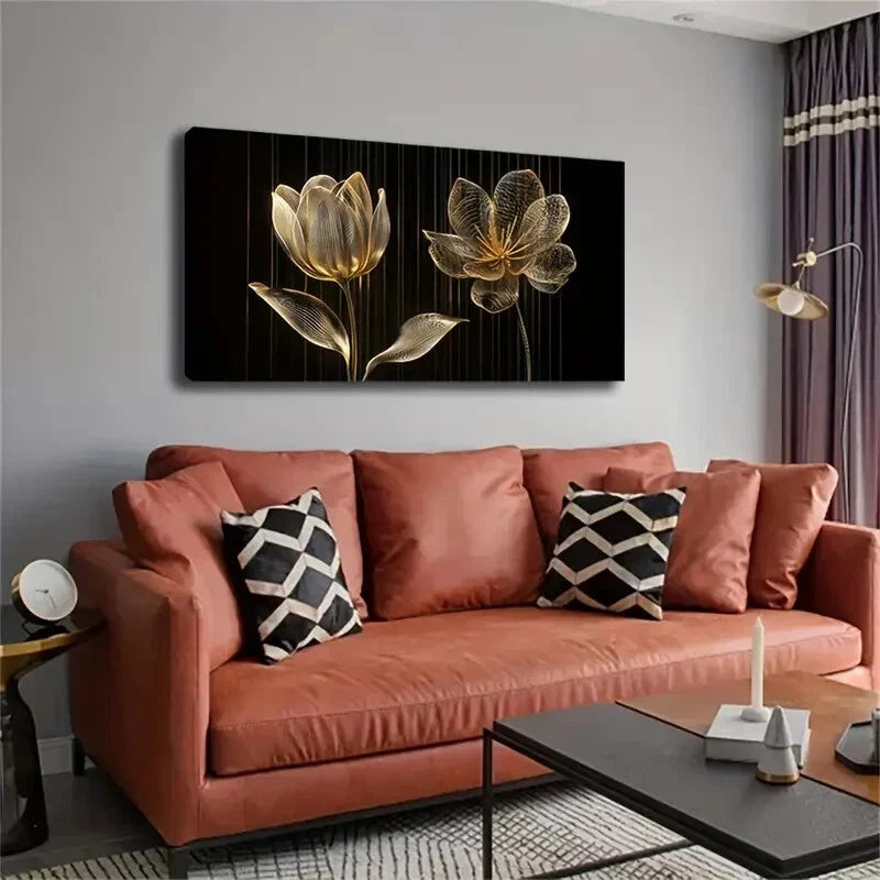 Minimalist Golden Floral Décor Wall Art Canvas Office Home Room Framed 80x45cm
