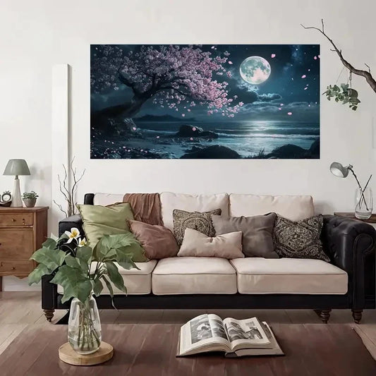 Cherry Blossom Moonlit Beach Wall Art Canvas Office Home Room Framed 80x45cm