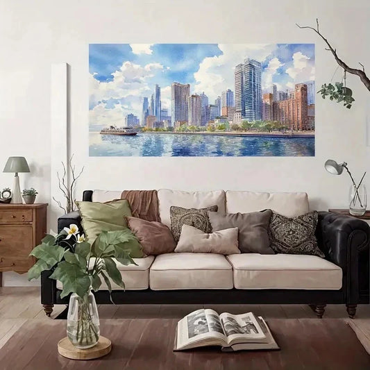 Modern Cityscape Watercolor Wall Art Canvas Office Home Room Framed 80x45cm