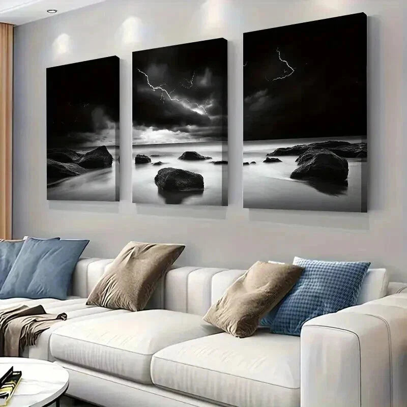3pcs Black and White Stormy Ocean Landscape Wall Art Set Canvas Framed 40x60cm - High Quality Print 100% Australian Made Wall Canvas Ready to Hang