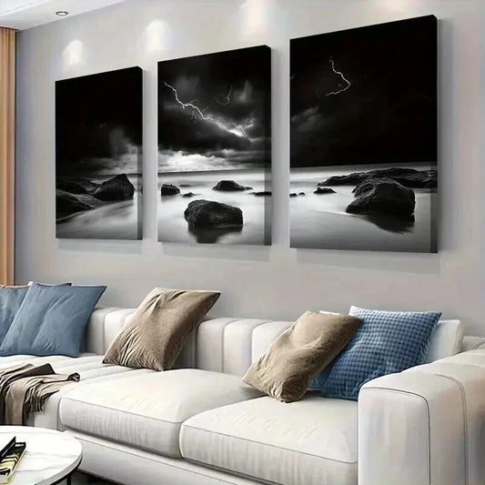3pcs Black and White Stormy Ocean Landscape Wall Art Set Canvas Framed 40x60cm - High Quality Print 100% Australian Made Wall Canvas Ready to Hang