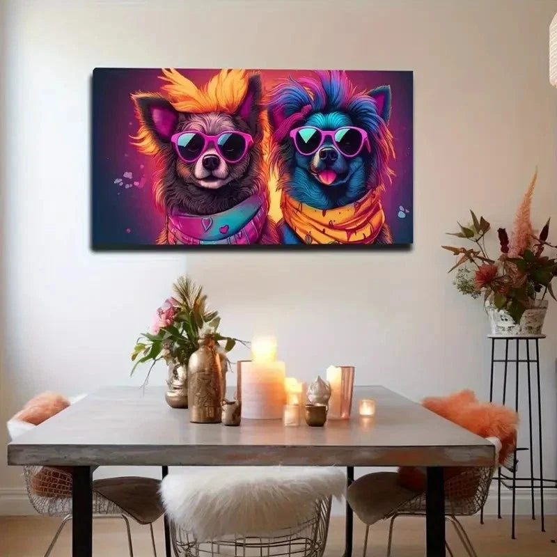 Vibrant Dogs In Fashion Glasses Wall Art Canvas Office Home Room Framed 120x60cm