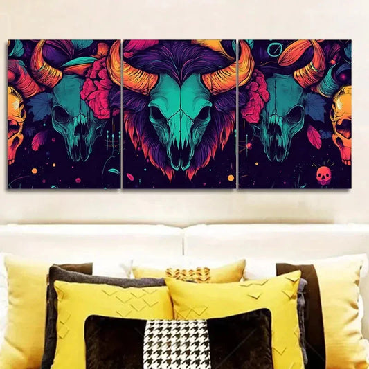 3pcs Art Deco Skulls and Bison Metal Print Ready to Hang Art