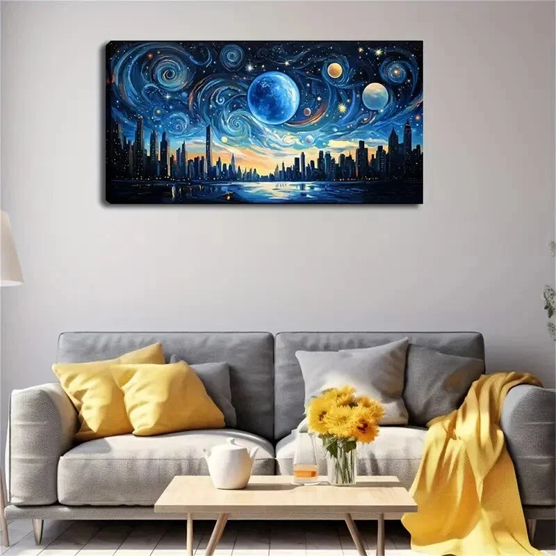 Cosmic Cityscape Swirling Sky Wall Art Canvas Office Home Room Framed 120x60cm