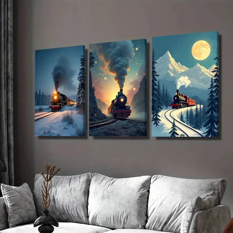 3pcs Vintage Train Triptych Snowy Moonlit Night Wall Art Set Canvas Framed 40x60cm - High Quality Print 100% Australian Made Wall Canvas Ready to Hang