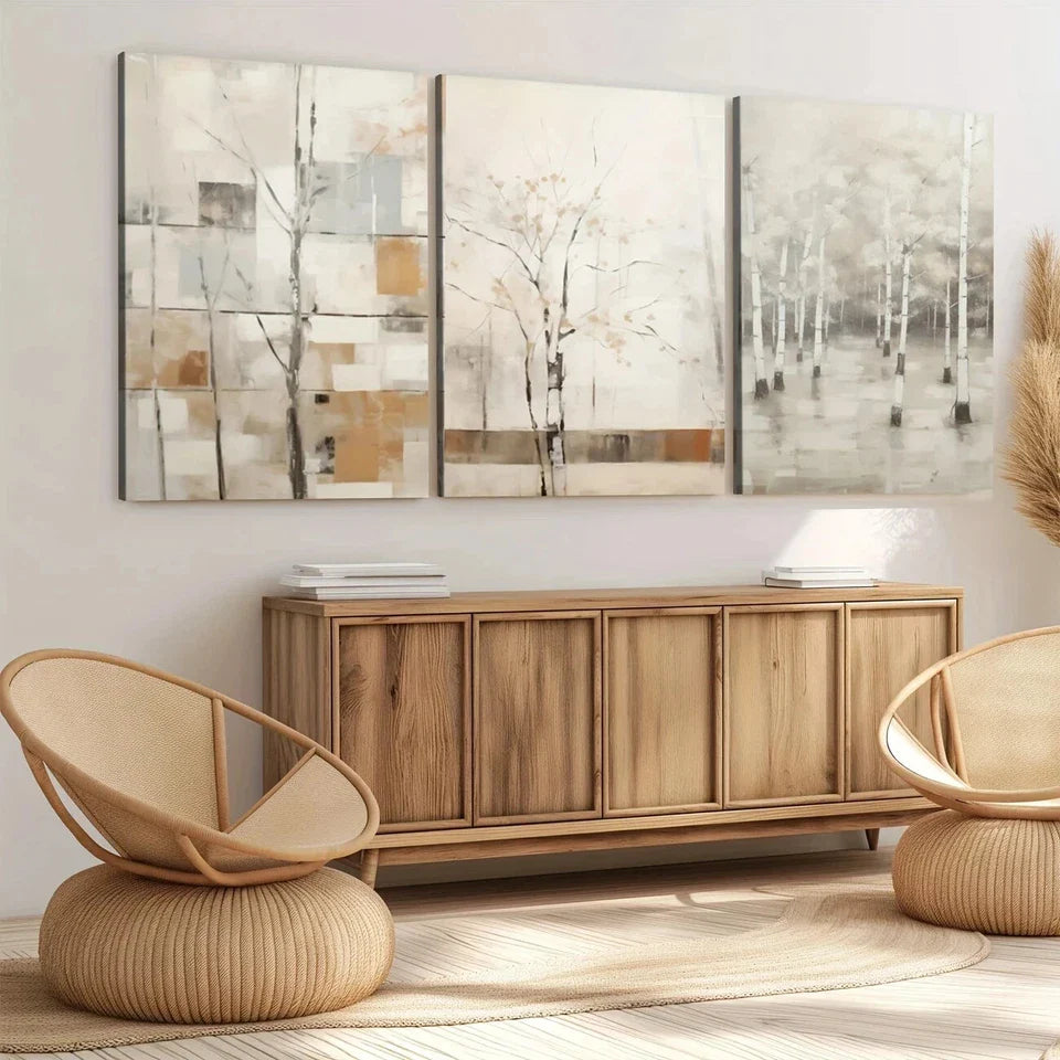 3pcs Nature Autumn Modern Gray Trees White Brown Wall Art Set Canvas Framed 40x60cm - High Quality Print 100% Australian Made Wall Canvas Ready to Hang