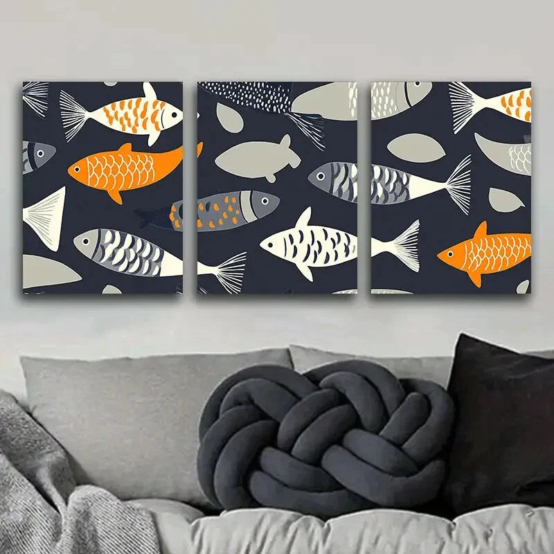 3pcs A Pattern of Fish Culture Perfect Wall Art Set Canvas Framed 40x60cm - High Quality Print 100% Australian Made Wall Canvas Ready to Hang