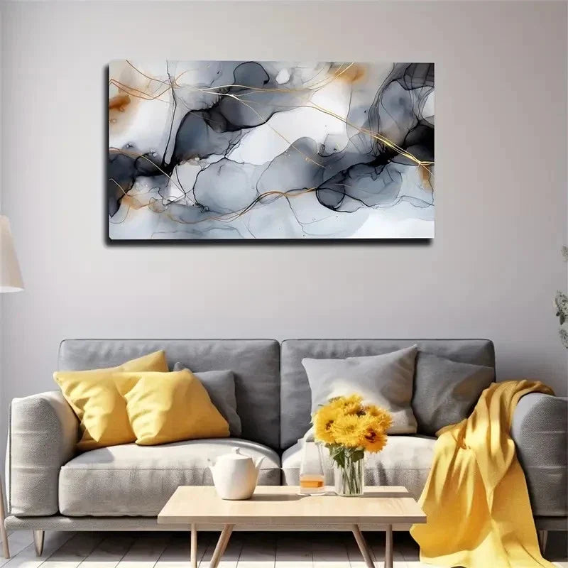 Black White Gray & Golden Tones Wall Art Canvas Office Home Room Framed 120x60cm