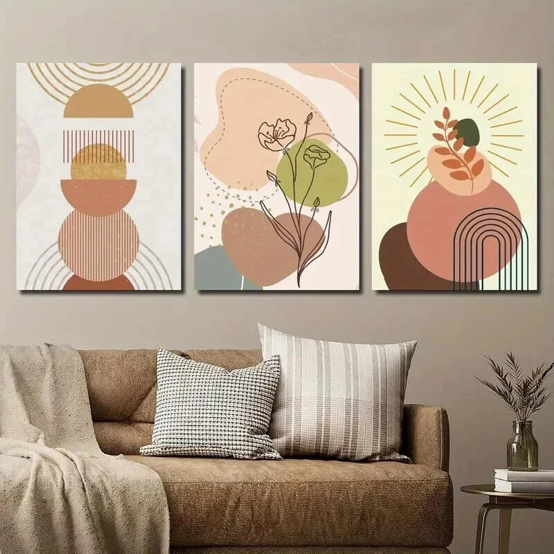 3pcs Modern Bohemian Geometric Floral Wall Art Set Canvas Framed 40x60cm - High Quality Print 100% Australian Made Wall Canvas Ready to Hang