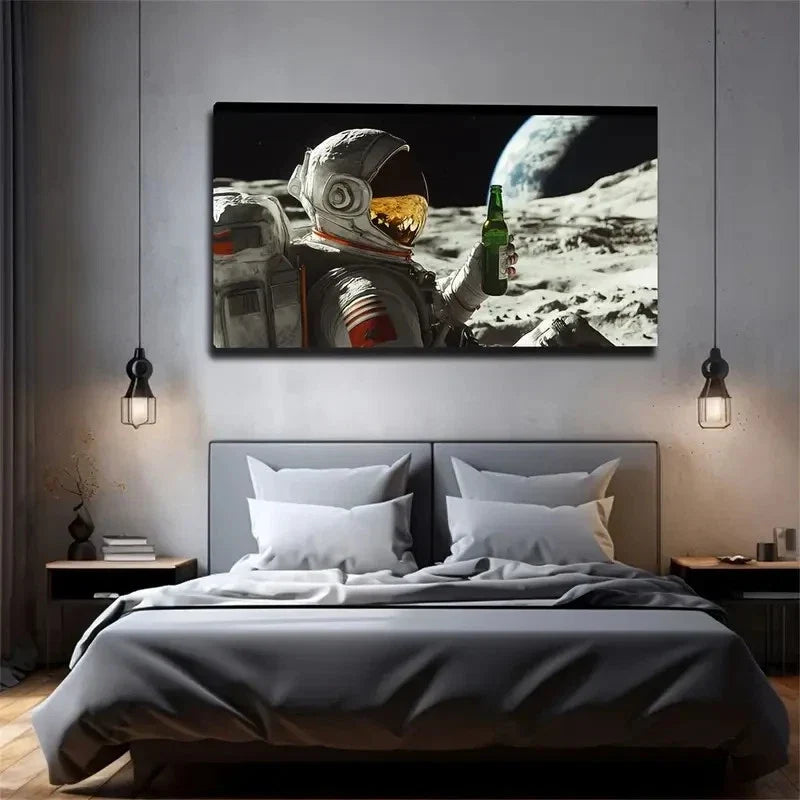 Astronauts Drinking On The Moon Wall Art Canvas Office Home Room Framed 120x60cm