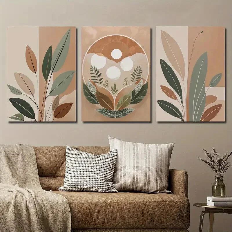 3pcs Bohemian Style Leaf & Nature Elements Wall Art Set Canvas Framed 40x60cm - High Quality Print 100% Australian Made Wall Canvas Ready to Hang