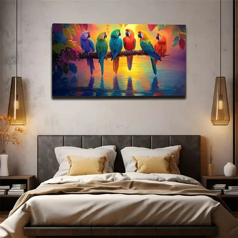 Textured Six Parrots Colourful Wall Art Canvas Office Home Room Framed 120x60cm
