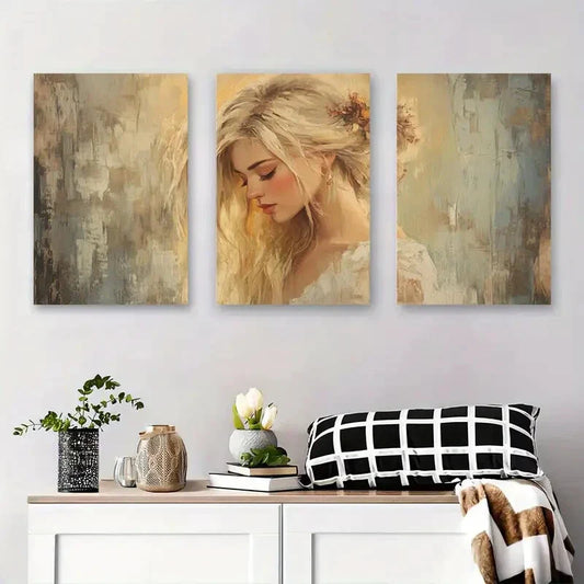 3pcs Elegant Blonde Portrait Abstract Metal Print Ready to Hang Art