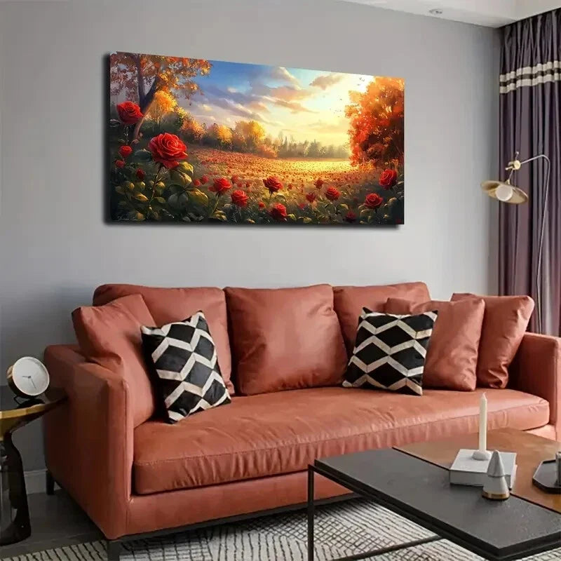 Red Roses & Autumn Orange Trees Wall Art Canvas Office Home Room Framed 120x60cm