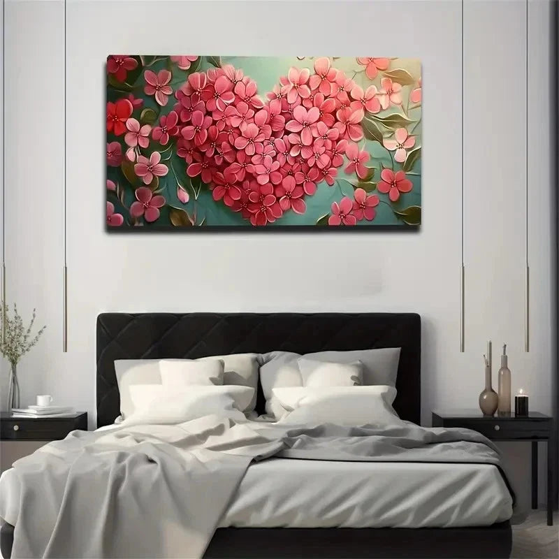 Pink Floral Heart Design Teal Wall Art Canvas Office Home Room Framed 120x60cm