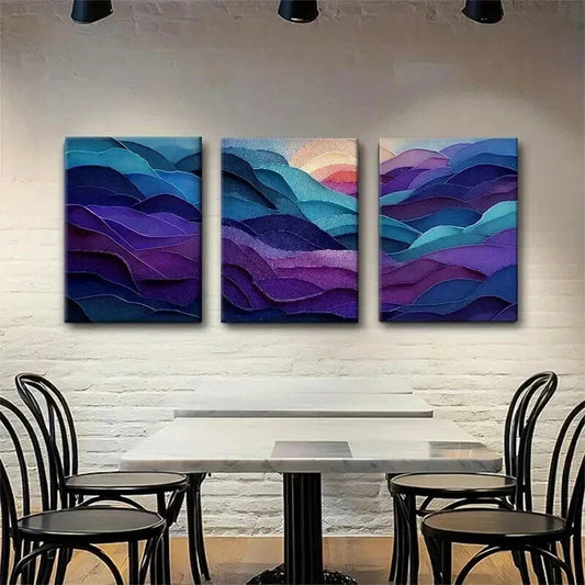 3pcs Elegant Purple and Teal Layered Perfect Wall Art Set Canvas Framed 40x60cm - High Quality Print 100% Australian Made Wall Canvas Ready to Hang