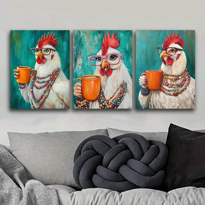 3pcs Hens Wear Glasses To Drink Water  Wall Art Set Canvas Framed 40x60cm - High Quality Print 100% Australian Made Wall Canvas Ready to Hang
