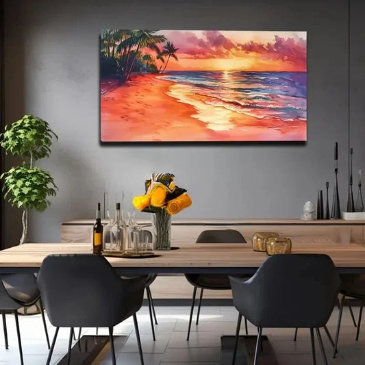 Tropical Beach Sunset Red Wall Art Canvas Office Home Room Framed 80x45cm