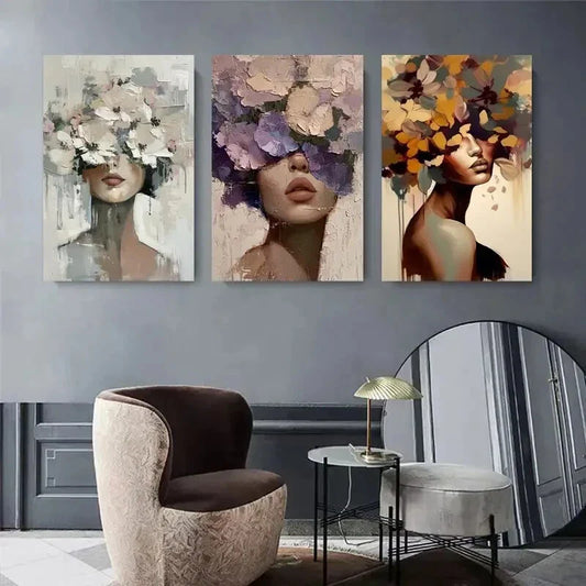 3pcs Abstract Floral Woman Portraits Blush Metal Print Ready to Hang Art