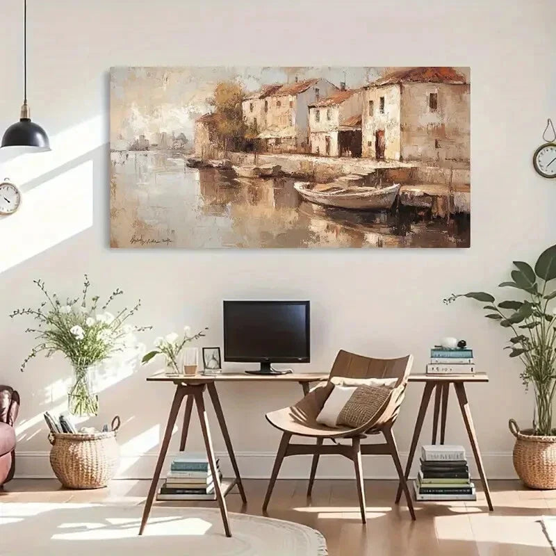 Serene River & Boats Vintage Wall Art Canvas Office Home Room Framed 120x60cm