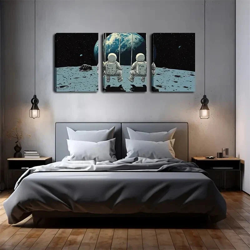 3pcs Astronauts on Moon with Earth View Wall Art Set Canvas Framed 40x60cm - High Quality Print 100% Australian Made Wall Canvas Ready to Hang