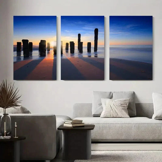 3pcs Sunset Beach Pillars Vibrant Blue & Orange Metal Print Ready to Hang Art