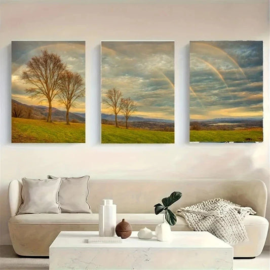 3pcs wo Double Rainbow Arches Over a Grass Metal Print Ready to Hang Art