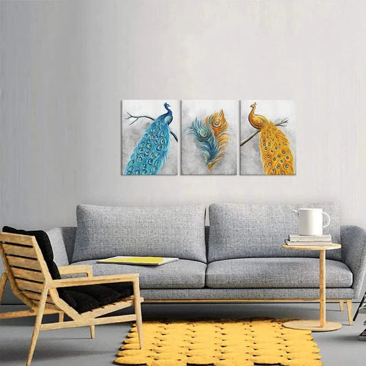 3pcs Peacock and Golden Abstract Animal Metal Print Ready to Hang Art