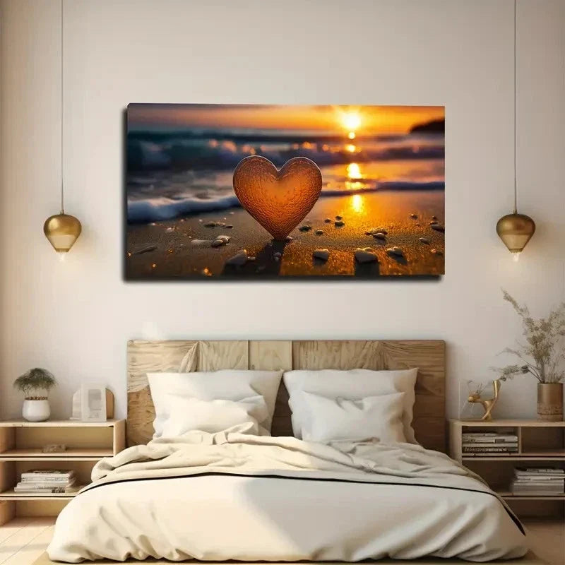 Beach Heart Waves Wall Art Canvas Office Home Room Framed 80x45cm