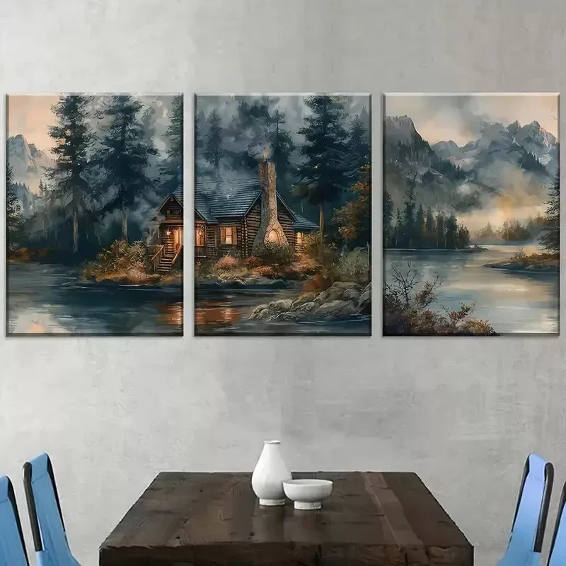 3pcs Modern Forest Mountain Cabin Landscape Wall Art Set Canvas Framed 40x60cm - High Quality Print 100% Australian Made Wall Canvas Ready to Hang