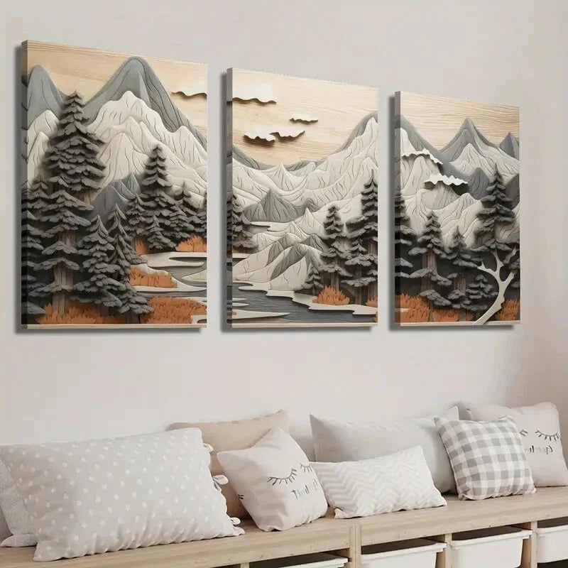 3pcs Forest Scene with Trees and Mountains Wall Art Set Canvas Framed 40x60cm - High Quality Print 100% Australian Made Wall Canvas Ready to Hang