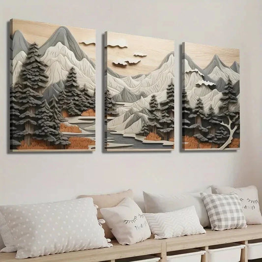 3pcs Forest Scene with Trees and Mountains Wall Art Set Canvas Framed 40x60cm - High Quality Print 100% Australian Made Wall Canvas Ready to Hang
