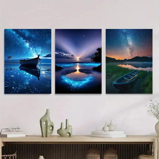 3pcs Starry Night Sky Blue Galaxy Landscape Metal Print Ready to Hang Art