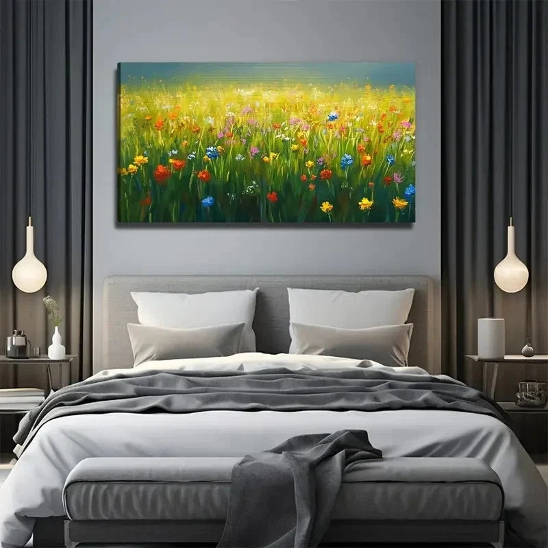 Grass Colorful Flowers Wall Art Canvas Office Home Room Framed 80x45cm