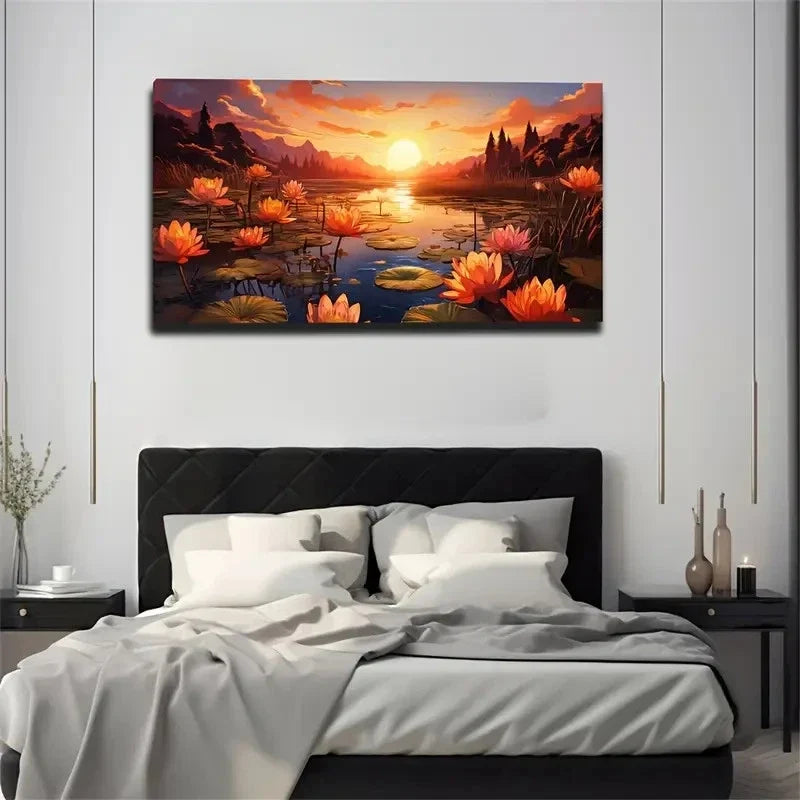 Realistic Sunset & For Lotus Wall Art Canvas Office Home Room Framed 120x60cm